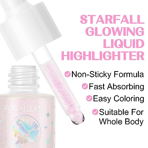 FOCALLURE Starfall Glowing Liquid Highlighter, Shimmering Body Oil, Non-Sticky Shimmer Liquid Luminizer, Non-Greasy, Face & Body Glitter Makeup for Costumes, Cosplay, Rave Festival, OMINOUS LIGHT