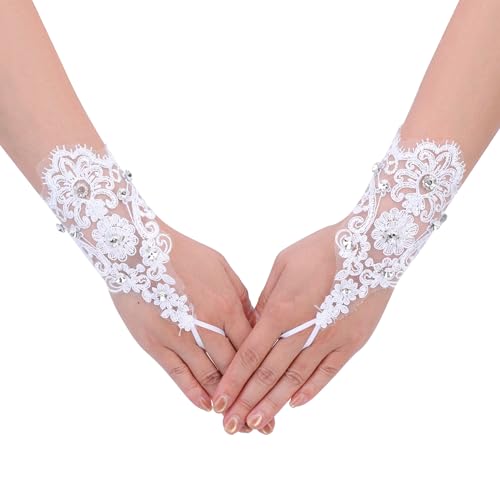 CHIC DIARY White Lace Rhinestone Gloves Women Bridal Fingerless Crystal Gloves for Wedding Party