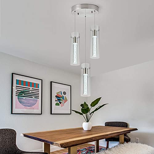 Image of Kitchen Lighting Pendant Fixtures 3-Light LED Pendant Ceiling Fixture Brushed Nickel Bubble Cylinder Pendant Light with Adjustable Length for Kitchen Island Dinning Room Bedroom