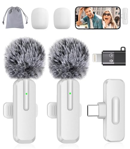 Wireless Mini Microphone for iPhone - 2 Pack Lavalier bluetooth Microphone for Video Recording, 2 In 1 Noise Reduction Lapel Mic for Ipad, Android, Clip-on Mini Mic for Tiktok Youtube Vlog Podcast