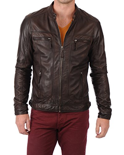 Image of D DOLLY LAMB Men's Lambskin Leather Bomber Biker Jacket - Winter Wear - Round Collar
