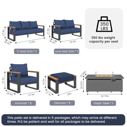 Image of Sundale Outdoor Aluminum Patio Furniture Set, 7 Piece Outdoor Conversation Sets with Fire Pit and 6 inch Thick Olefin Cushions, All Weather Outdoor Sectional Set for Deck, Lawn, Yard