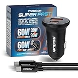 DOUBLE CHARGE SIMULTANÉE – 60W RÉELS – Le double charger voiture PORTENTUM permet de recharger deux appareils en même temps avec une puissance totale de 60W : USB-C PD 30W et USB-A QC 30W.