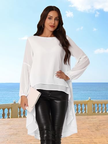 Seta T Women's High Low Tops Lantern Long Sleeve Round Neck Dressy Casual Chiffon Asymmetrical Tops Blouse3
