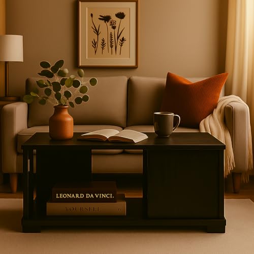 Image of MATTERHORN Linea Coffee Table - Modern Engineered Wood Center Table with Storage Shelf, Ideal for Living Room, Tea Table - DIY Assembly, Compact Design (80 x 40 x 40 cm, MOCT-R92113) (Ebony Black)