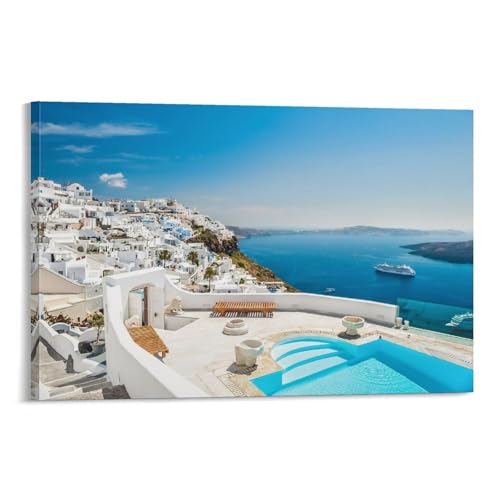 北欧地中海島ギリシャ サントリーニ島エーゲ海風景キャンバス絵画ポスター 壁アート キャンバス プリント リビング 寝室 ダイニングルーム バスルーム ホーム装飾 壁掛け16x24inch(40x60cm)
