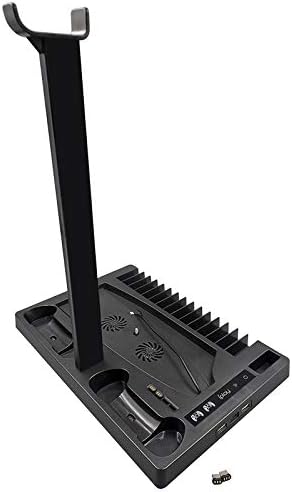 Fully assembled GAMFAMI Multi-Function Charging Stand with PS5, controllers, and headphones