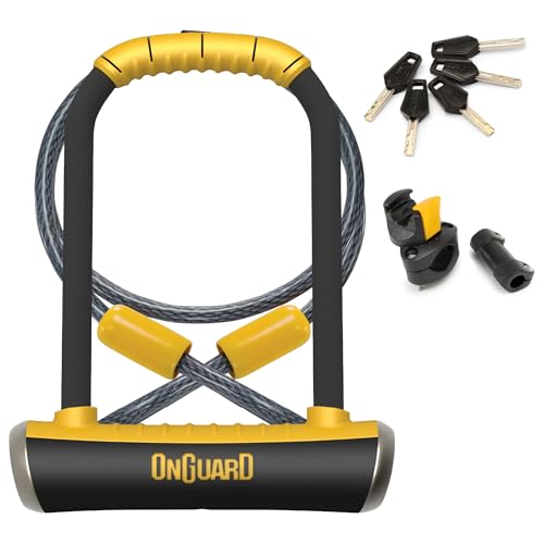 OnGuard Pitbull STD DT U-Lock with 4 ft Cable 14 mm Hardened Steel Shackle (115 230 mm) Quad Lock System for Bike Security Rubber-Coated Finish 5 Keys with LED & Mount Bracket