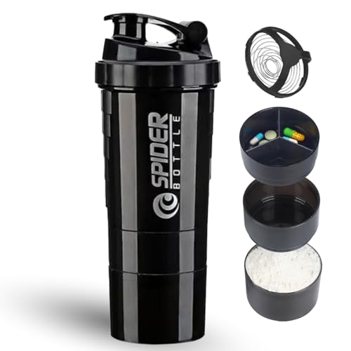 DDUP Protein Shaker Bottle, 16oz 3 Layer Twist Off GYM Cup Shake Bottle with Mix Grid and Pill & Supplement Storage,Leak Proof Shaker for Protein Shakers (Black)