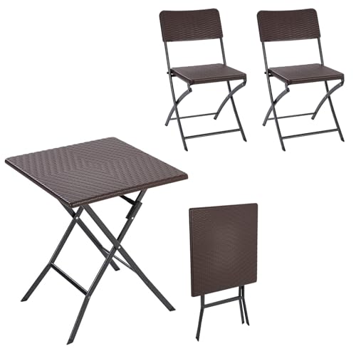 Warmiehomy Folding Camping Table and Chairs Set for 2, Outdoor Table and Chairs, Balcony Furniture, Garden Furniture, Garden Table and Chairs Camping Furniture Set, Foldable Patio Bistro Sets, Brown