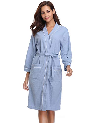 Vlazom Waffle Dressing Gowns Unisex Kimono Robe Cotton Lightweight Bathrobe for All Seasons Spa Hotel Sleepwear, Blue-style a, L