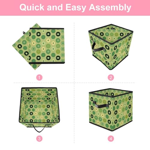 Boîte de rangement cube vert motif disques avec poignées cuir pour dressing - 7