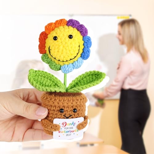 BOFUNX Erzieherin Geschenk, Gestrickte Sonnenblumen + Danke Karte + Organzasäckchen, Erzieherin Lehrerin Geschenk Glücksbringer für Abschied Danke Weihnachten Neujahr