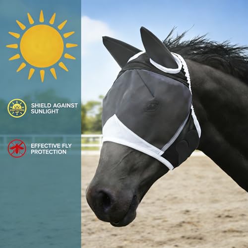 2pcs Fly Mask with Ears for Horses Soft Stretchy Mesh Horse Face Cover, Breathable Eye Protection Fly Masks UV Protective Horse Supplies (Black, L)