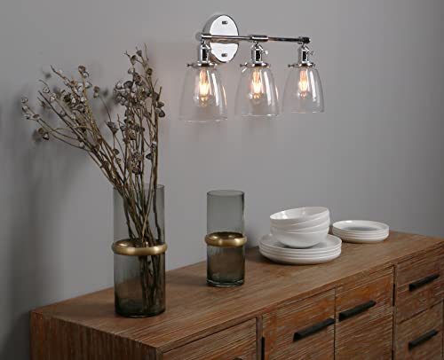 Image of Phansthy 3-Light Wall Sconces Antique Brass Vanity Light, Industrial Wall Lamps with On Off Switch and Clear Glass Lampshade, Vintage Wall Lighting for Bathroom Living Room (Chrome, Bell Shade)