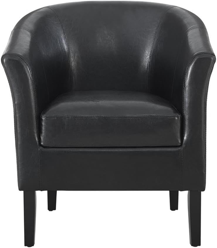 Pemberly Row Contemporary Barrel Club Chair, Faux Leather Upholstery, Black Finish, 33" H x 28.25" W x 25.5" D, Flared Armrests, Arching Backrest, Modern Accent Chair for Living Room or Office
