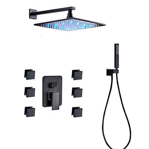 CPYGMXI Shower system Black Bronze LED Wall Mounted Rainfall Shower Faucet Mixer Body Massage Jet Bathroom Shower Tap with Hands