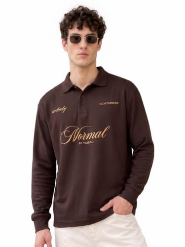 Image of Veirdo Men's Loopknit Cotton Oversized Baggy Fit | Full Sleeve Polo T-Shirt | Casual Streetwear with Ribbed Cuffs Travel | Sizes: S to XXL