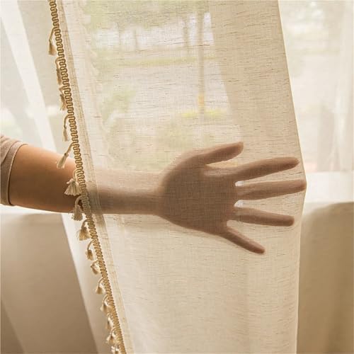 Rideau dentelle semi-transparent à pompons style champêtre rétro