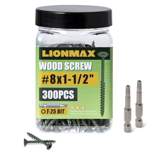 Image of LIONMAX Deck Screws 1-1 /2 Inch, Wood Screws #8 x 1-1 /2 inch, 300 PCS, Rust Resistant, Exterior Epoxy Coated, Outdoor Decking Screws, Torx /Star Drive Head Screw, T25 Star Bit Included, Green