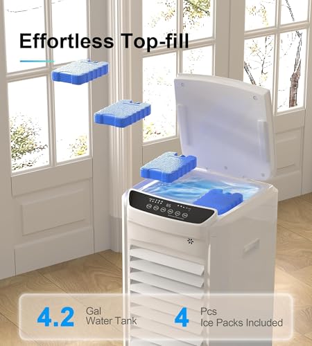 Image of Swamp Cooler, 1800 CFM Windowless Portable Air Conditioners with 4.2 Gal Water Tank, 120 Swing,12H Timer,3 Modes & 3 Speeds,4 Ice Packs, Evaporative Air Cooler for Room,Bedroom,Office,Crystal White