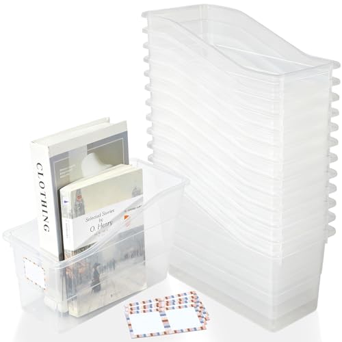 gisgfim 12 Pack Large Book Bins, Durable Magazine Organizer File Holder Plastic Book Storage Bins with Labels for Classroom Library, Office, Desktop Organization,Bookshelf Categorization (Clear)