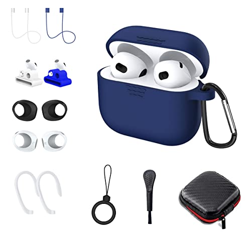 WUZUN Étui pour AirPods 3 Gén, 12 en 1 Ensemble d'accessoires , Silicone Housse de Protection pour Apple Airpod 3 Gén avec Crochet d'oreille/Support de Bracelet de Montre/Pinceau/Porte-clés (Bleu) Cover