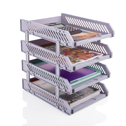 Image of 4 Layer File Rack ABS Plastics For Office Home Plastic Foldable Office Desk Accessories Files Papers Divider Rack Storage Rectangular Tray Stand (4 Tiered Shelf) (Stationary 4xl Grey)