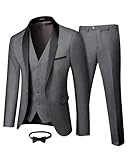 MY'S Mens 3 Piece Tuxedo Set with Bow Tie, Shawl Lapel One Button Jacket Vest & Pants, Slim Fit Suit Prom Party Wedding Tux, Deep Grey