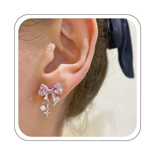 Yienate Boucles D'Oreilles en Cristal Noeud Papillon Rose/Blanc pour Mariage Bijoux Mignons Pour Femmes