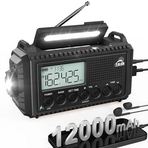 ROCAM Portable Radio with 12000mAh Rechargeable Battery, Wind Up Solar Radio with AM/FM/SW, Hand Crank Radio, Wind Up Torch, Type-c Charger, IPX6 Waterproof
