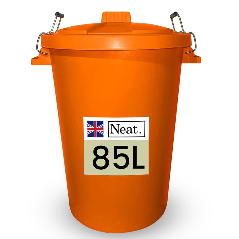Neat. Extra Large Plastic Dustbin with Clip Locking Lid - Heavy Duty Garden Bin for Rubbish, Recycling, Animal Feed, and Storage, 85 Litre, Orange, Pack of 3