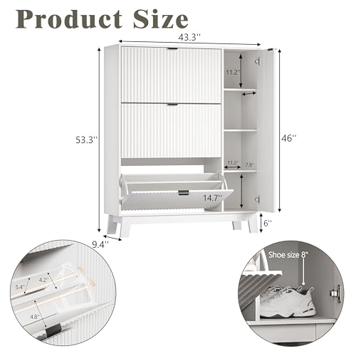 Image of Shoe Cabinet Storage for Entryway with 3 Flip Drawers & Side Cabinet, Fluted Narrow Shoe Organizer with Wooden Leg, Freestanding Shoe Storage Hidden Shoe Rack Organizer for Front Door Entrance, White