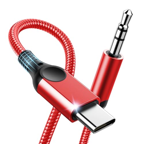 Aux to USB C Audio Cable [4FT], Type C to 3.5mm Aux Cord Hi-Fi DAC Headphone Jack Adapter Dongle Compatible with iPhone 17/16/15, Samsung S25/S24/S23, iPad Pro, Pixel, Car, Headphones, Speakers-Red