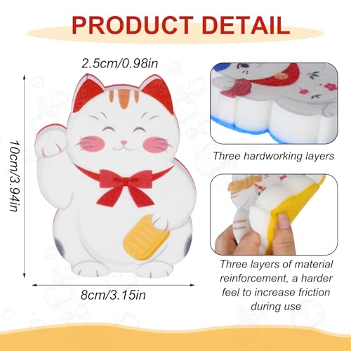 Image of 6 Pieces Cat Kitchen Sponges Lucky Cat Design Sponges Fun Non-Scratch Scrub for Washing Dishes Pots Pans and Household Cleaning Supplies for Kitchen Dishes Furniture Gifts