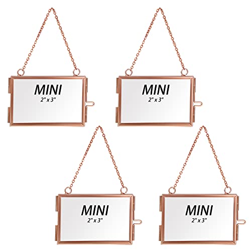 SUMNACON Set of 4 Rose Gold Glass Mini Hanging Picture Frames Wall Artwork Display Frame, Decorative Small Photo Frame Horizontal Hanging Ornament for Picture, Artwork, Specimen (3 * 2 inch)