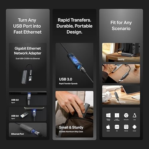 Image of TP-Link 2-in-1 USB 3.0 & USB C to Ethernet Adapter, RJ45 Gigabit LAN, Plug & Play, Aluminum Case, Ethernet Adapter for Laptop, Thunderbolt 4 /3 Compatible with Windows, Mac /iPad OS & More (UE310C)