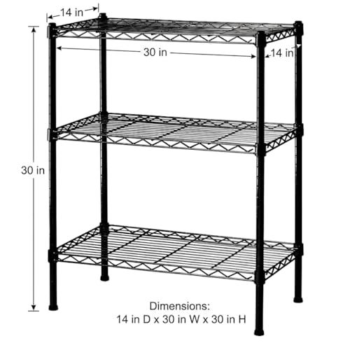 Image of Premium Heavy-Duty 3-Tier Black Metal Wire Storage Rack Shelf Organizer | Adjustable Multipurpose Freestanding Shelving Unit for Home, Office, Kitchen | Size 14 inch D x 30 inch W x 30 inch H Inch