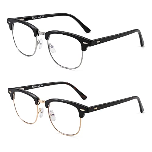 GLINDAR Bloquea Luz Azul Gafas de Computadora Retro Semi Sin Montura Estilo Reduce Fatiga Visual Vídeo Juego Anteojos Hombre Mujer 2 Pack(Negro & Tortuga) Cover