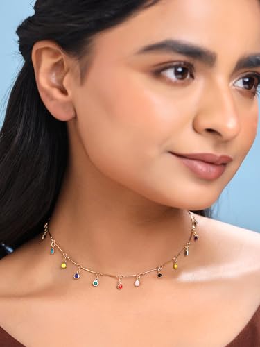 Image of Yellow Chimes Necklace For Women Gold Plated Multicolor Stone Studded Chain Necklace For Women and Girls