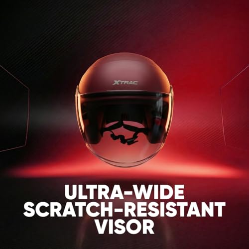 Image of Xtrac Ace ISI Certified Open Face Helmet for Men & Women | Half Face Bike Helmet with Scratch-Resistant Clear Visor | Lightweight ABS Shell | Quick Release Buckle | Wine Red - L
