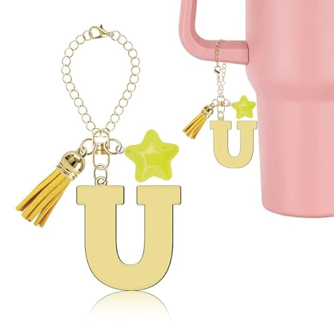 Gold Letter Charm for Stanley Cup Accessories, Cute Star Tassel Keychain Handle Charm, Monogram Water Bottle Chain