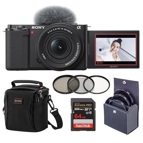 Sony ZV-E10 APS-C Mirrorless Camera with E PZ 16-50mm Lens, Vlogging Camera Bundle, 64GB SD Card, Shoulder Bag, UV/CPL/ND Filter Kit, Sony 1-Year Warranty...