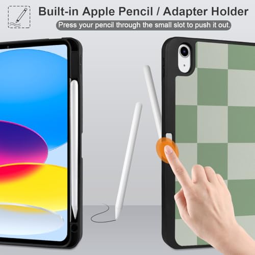 MEEgoodo Case for iPad A16 11th Generation 11 inch 2025/iPad 10th Generation 10.9 inch 2022, Tablet Cover with Trifold Stand + Pencil Holder + Auto Wake/Sleep + Soft TPU Back Cover, Green Checkered by MEEgoodo - Image 4