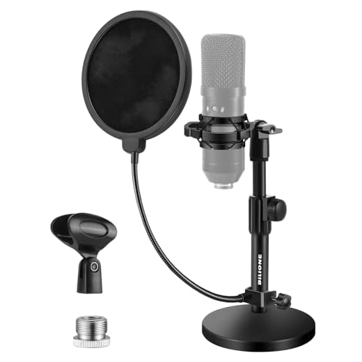 BILIONE Upgraded Desktop Microphone Stand, Adjustable Mic Stand Desk with Pop Filter, Shock Mount, Microphone Clip, 5/8" to 3/8" Metal Screw Adapter