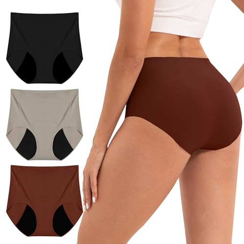 INNERSY Periodenunterschwäsche Seamless Unterhosen Nahtlos Hohe Taille Unsichtbare Slips 3er Pack (S, Schwarz/Rot/Grau)