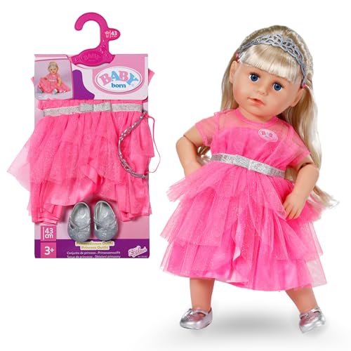 BABY born Set principessa - Con vestito rosa in tulle, corona e scarpette glitterate - Accessori di alta qualità per bambole - Abiti adatti a bambole di 43 cm