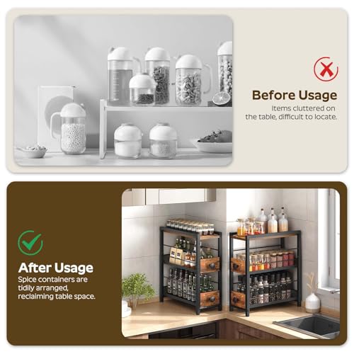 YATINEY 3-Tier Spice Rack, 15 cm Narrow Kitchen Countertop Storage Shelf with 2 Drawers, Pull-Out Coffee Storage Rack, Spice Holder for Syrup, Spices, and Coffee Pod Storage, Rustic Brown XSR02BR - Image 4