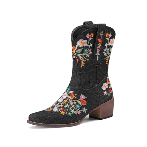 Bottes de cowboy courtes pour femmes avec broderies vintage et talons épais