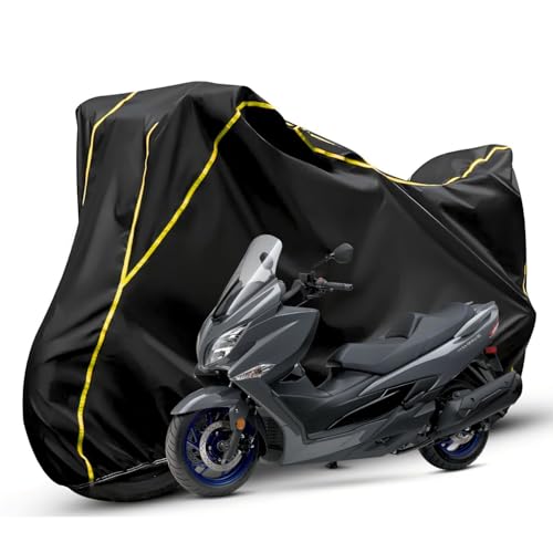 Image of Waterproof Bike Body Cover Compatible with Suzuki Burgman Dustproof Scratchproof - Motorcycle Cover for Two Wheeler, Outdoor Full Cover with UV, Duty, Rain Protection (Black & Yellow) R1